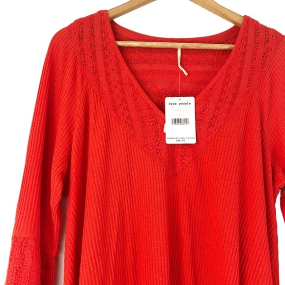 New Free People Crimson Red Ribbed Lace Bell Sleeve V Neck Top Shirt - Picture 10 of 16